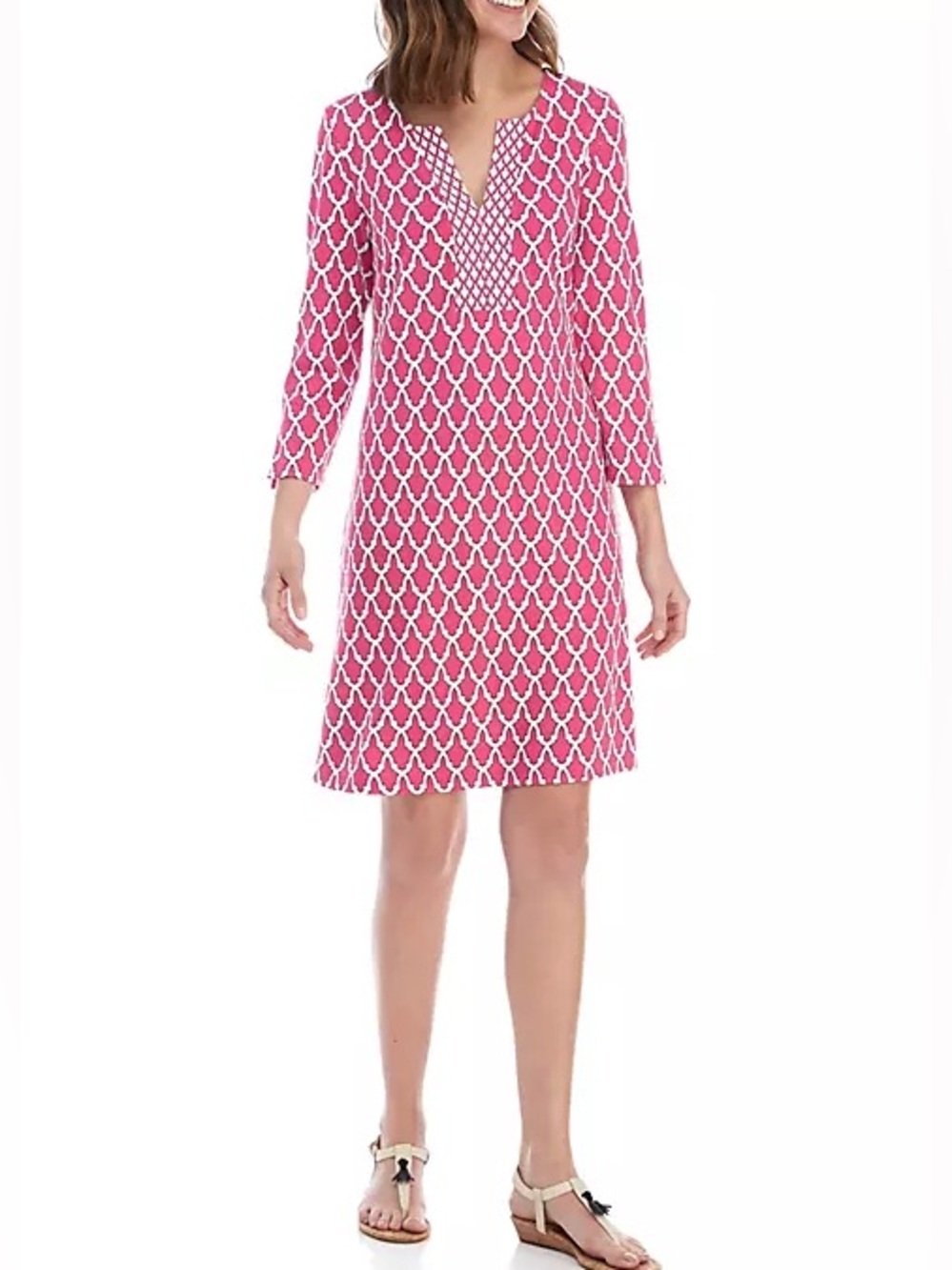 Crown & Ivy Split Neck Pink and White Shift Dress Size 2X Modern Southern Preppy